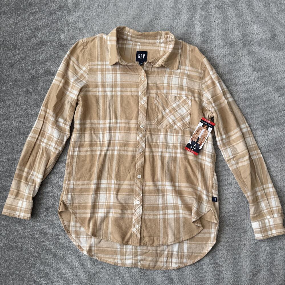 Gap Shirt Womens XS Beige Plaid Flannel Button Up Long Sleeve Relaxed Casual